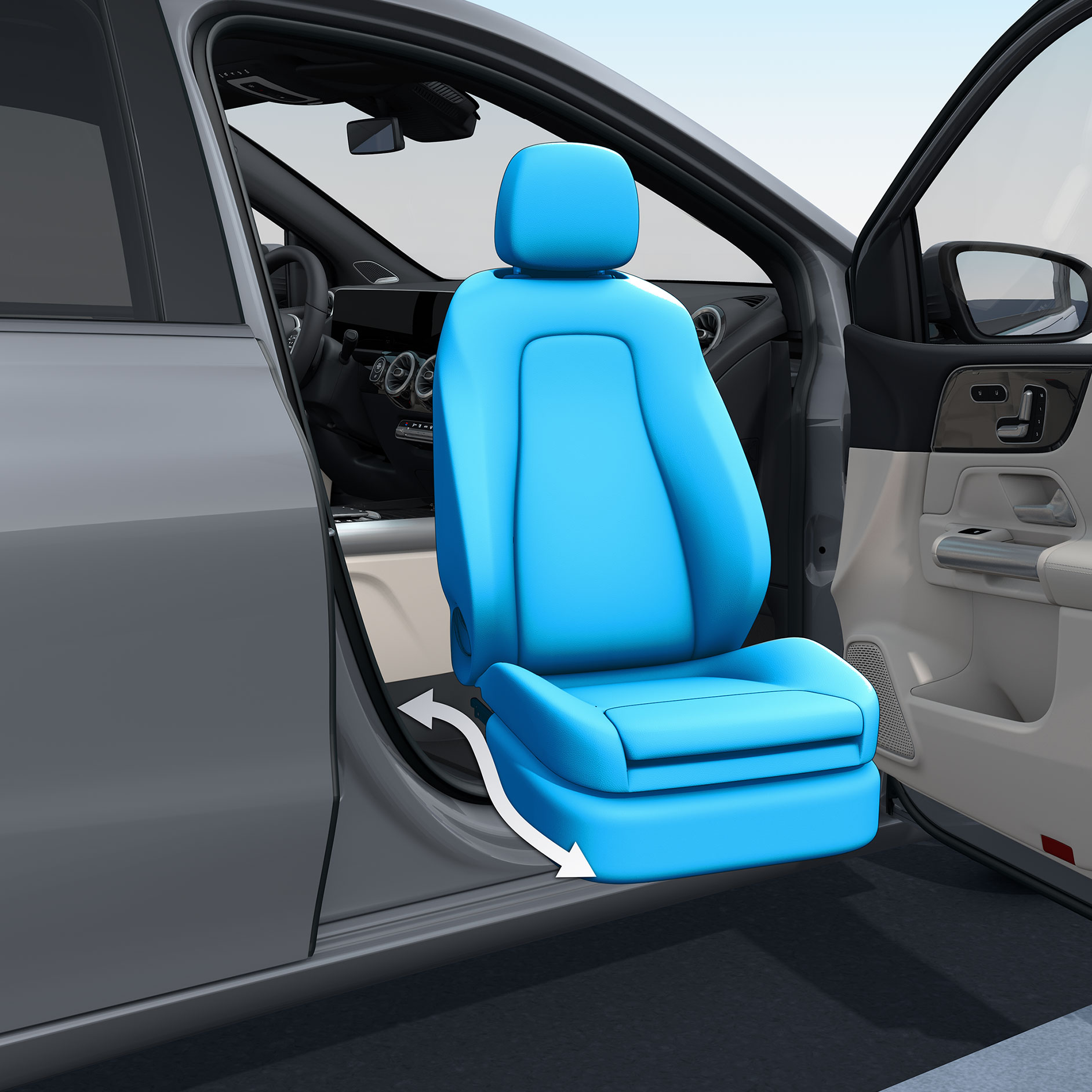 Fotel obrotowy „Turny-Evo” | Układy wspomagania jazdy | Mercedes-Benz Otwarte drzwi pasażera w pojeździe przystosowanym dla osób z niepełnosprawnością z fotelem obrotowym „Turny-Evo”.