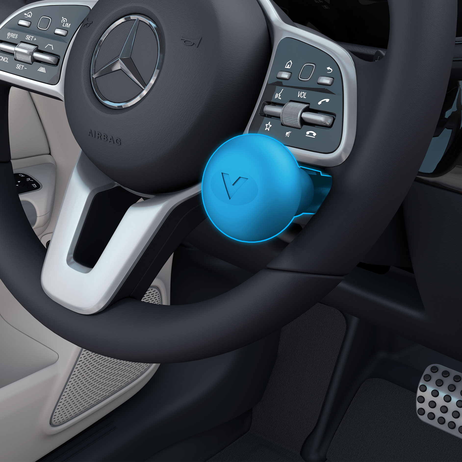 Gałka na kierownicę | Układy wspomagania jazdy | Mercedes-Benz Widok szczegółowy gałki na kierownicę Mercedesa.