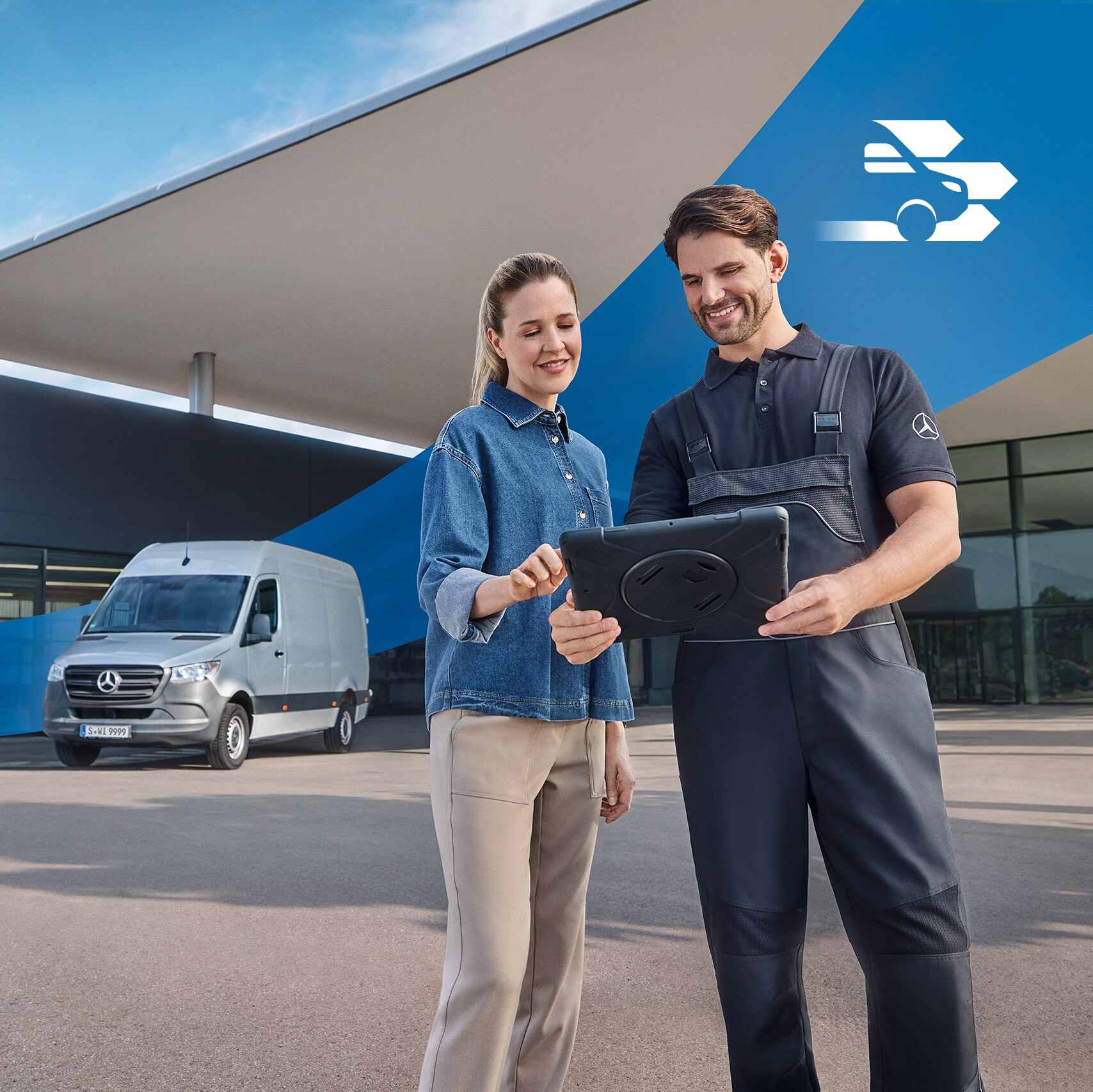 Mercedes-Benz | Usługi dla samochodów dostawczych Dwóch ludzi przed budynkiem dealera – kompleksowa obsługa pojazdów użytkowych dla klientów Mercedes-Benz.