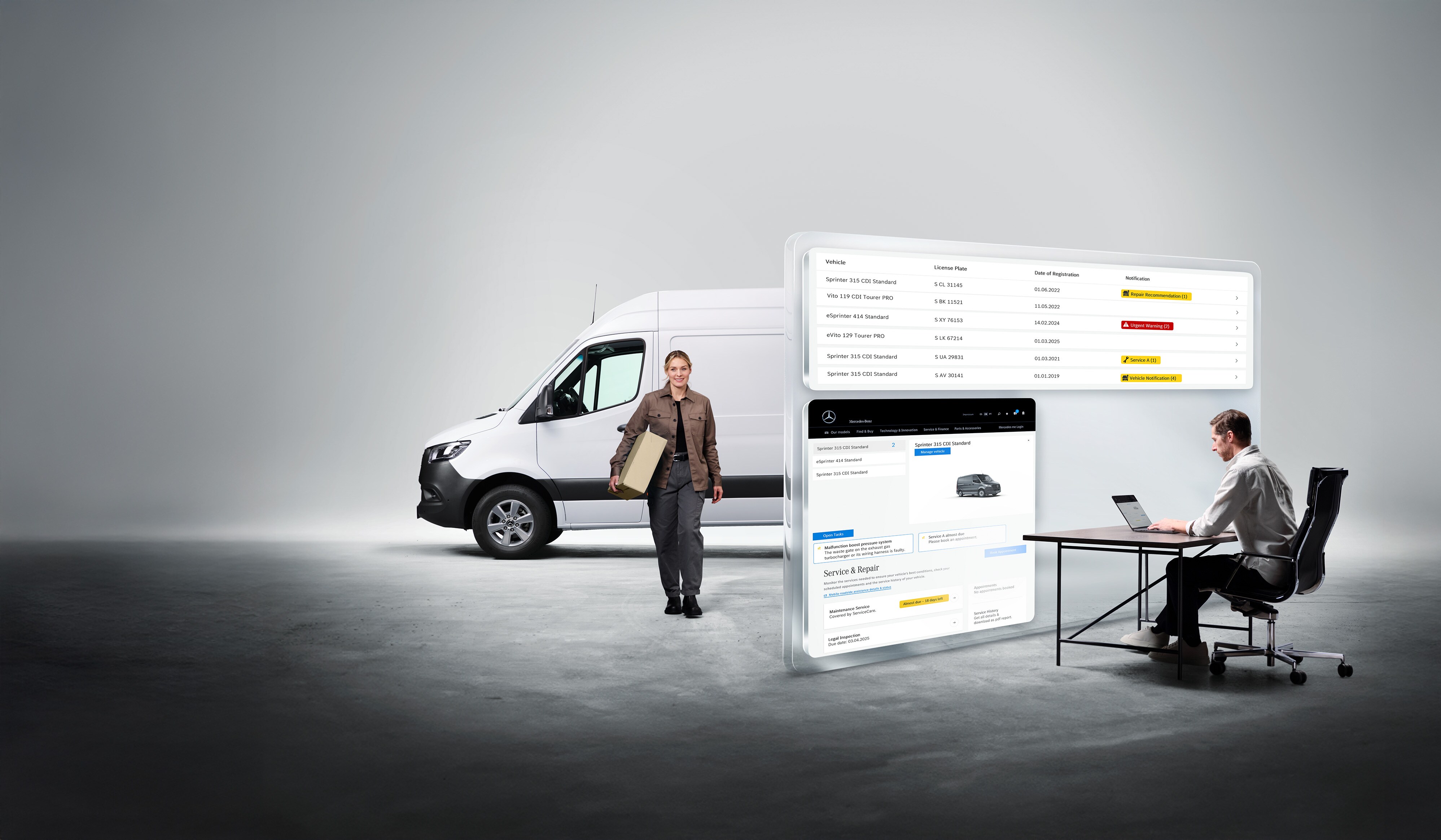 Mercedes-Benz | Technologia samochodów dostawczych | Uptime Monitor Mężczyzna pracujący na laptopie, kobieta obok samochodu dostawczego, widoczne dane z diagnostyki wirtualnej.