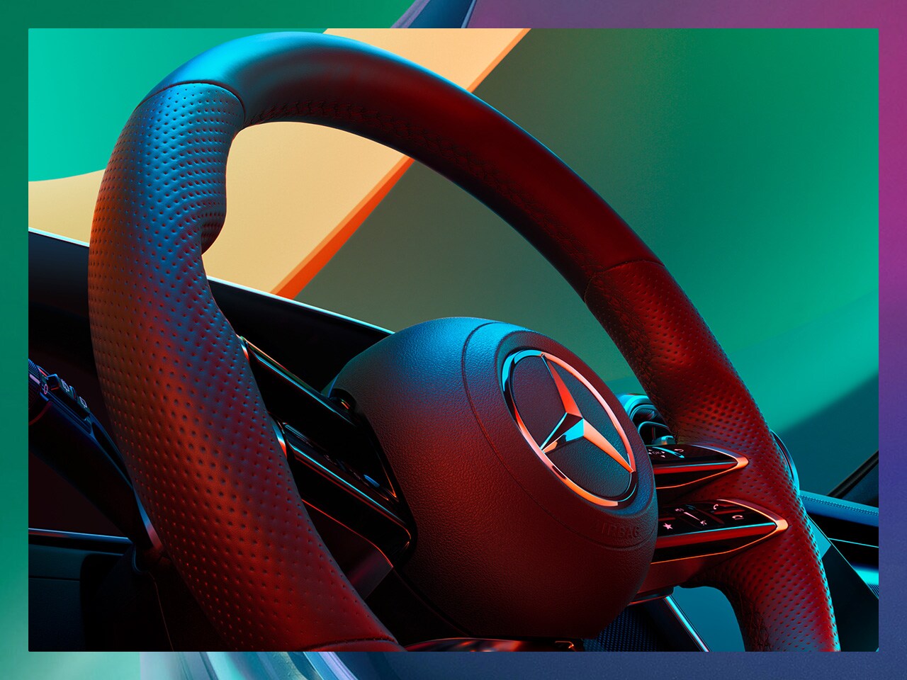Zgody Marketingowe Mercedes-Benz Zbliżenie na kierownicę samochodu osobowego Mercedes-Benz.